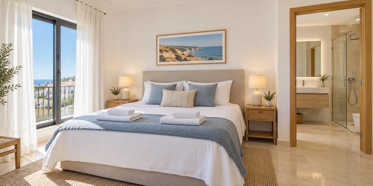 Quarto preparado para receber hóspedes, com cama feita, toalhas dobradas e casa de banho limpa ao fundo.