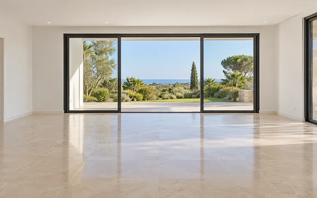 Sala vazia após limpeza pós-obra, com pavimento claro e portas envidraçadas limpos, iluminada por luz natural.