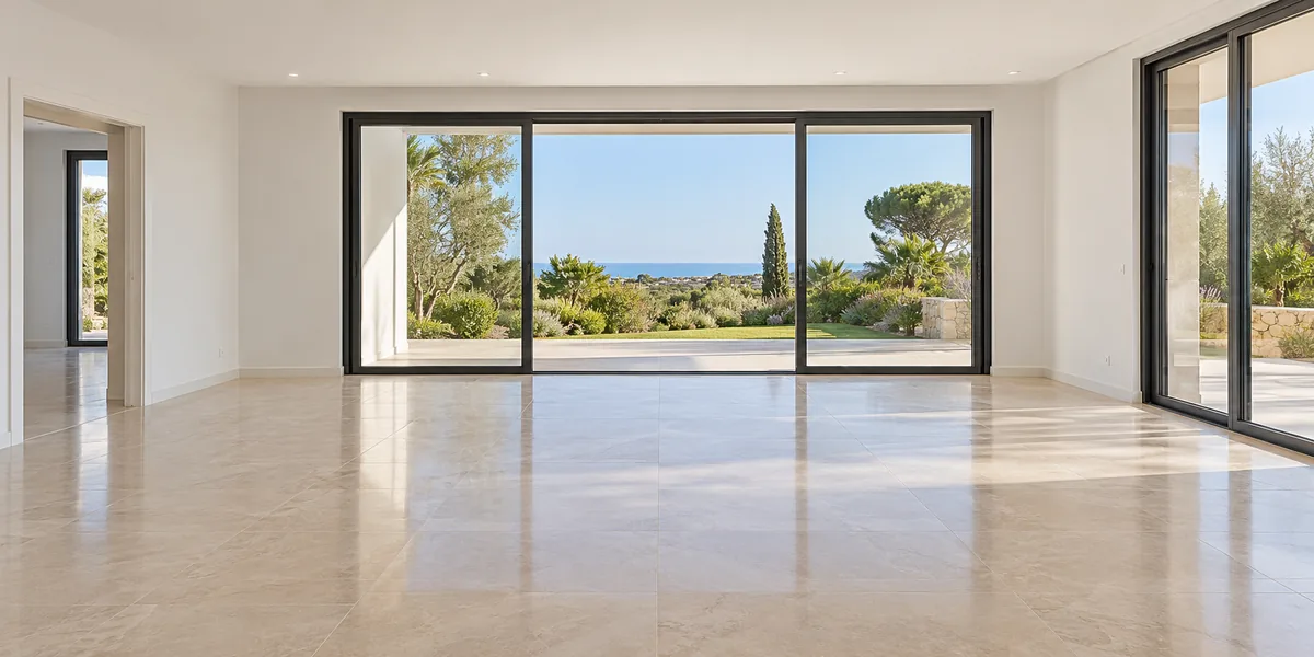 Sala vazia após limpeza pós-obra, com pavimento claro e portas envidraçadas limpos, iluminada por luz natural.
